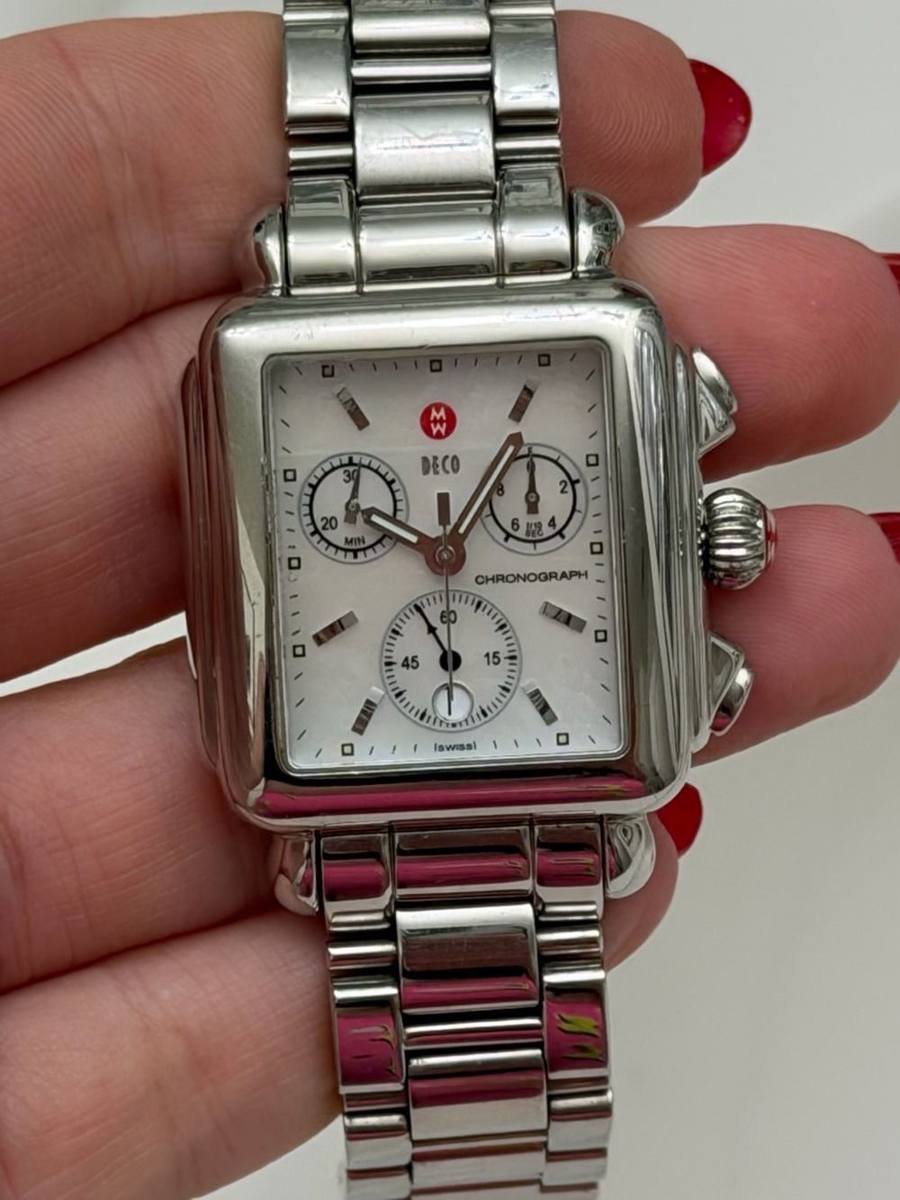 Michele Deco Square Chronograph Watch in White and Silver